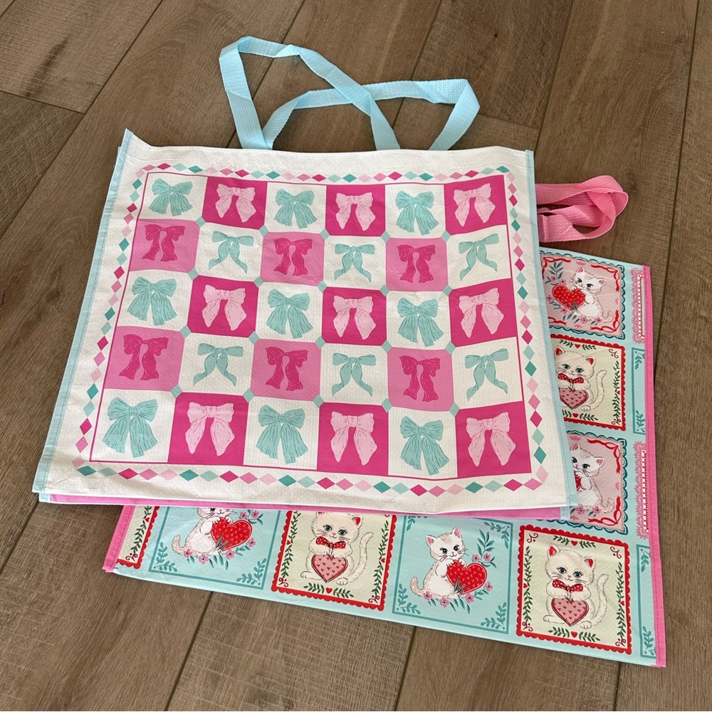 Homegoods TJMaxx Marshalls Valentines Day Kitten & Pink Blue Bow Tote Bags NWOT